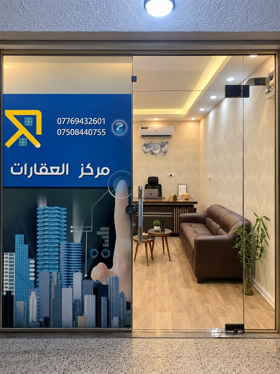 واجهة مركز العقارات في الموصل — اللافتة وأرقام الهاتف على الواجهة الزجاجية